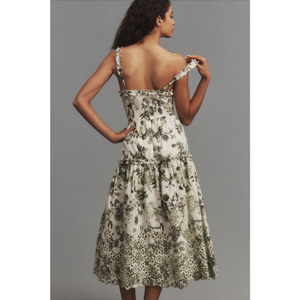 By Anthropologie Sleeveless Sweetheart A-Line Midi Green Floral Dress M - Flaws - Picture 2 of 13